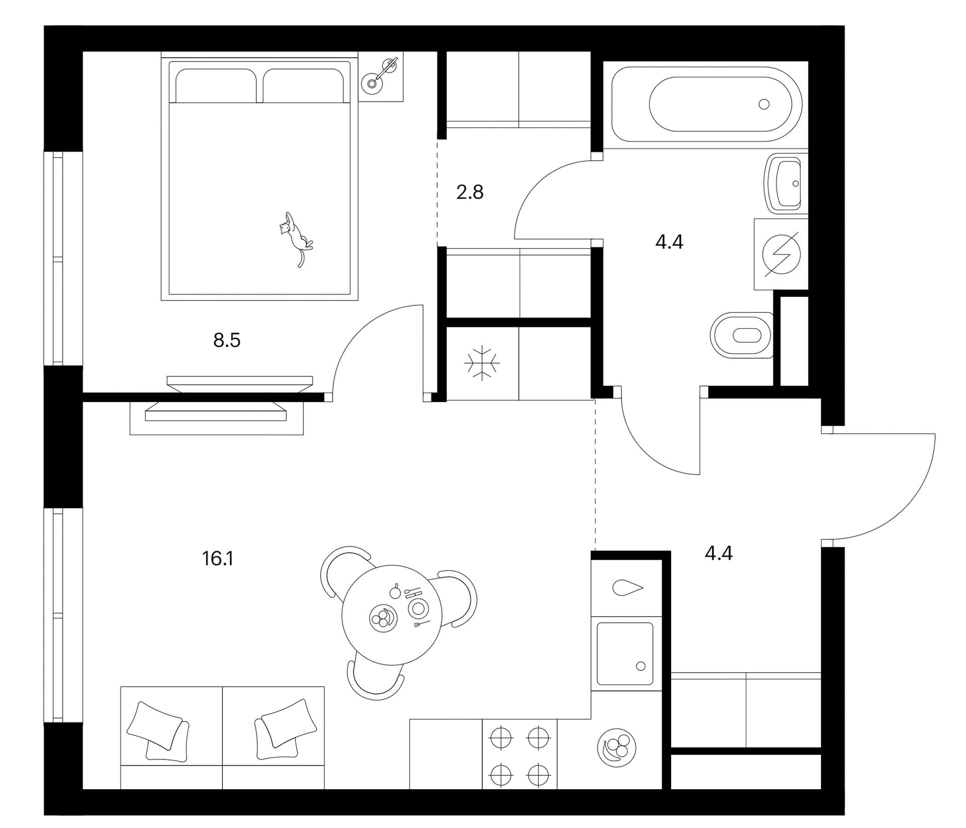 Планировка: 1-комнатная квартира 36,2 м² в ЖК «Москворечье»