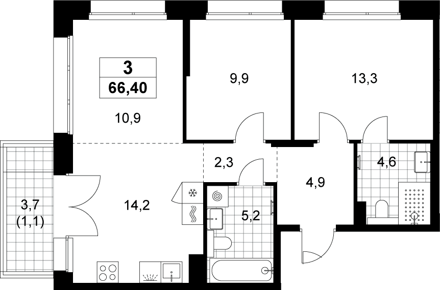Планировка: Евротрёшка 65,3 м² в ЖК «Хольм»