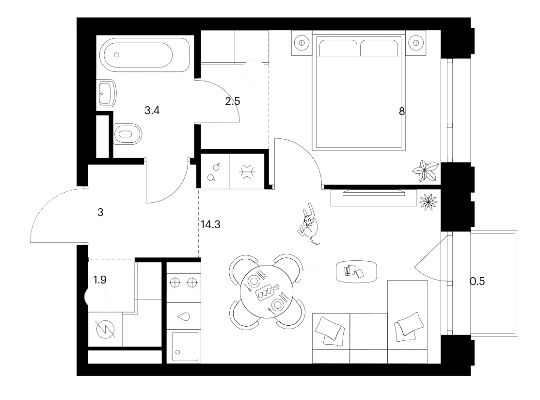 Планировка: 1-комнатная квартира 33,1 м² в ЖК «Москворечье»