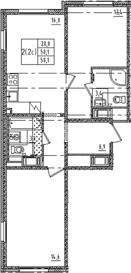 Планировка: Евротрёшка 58,1 м² в ЖК «Дыбенко парк»