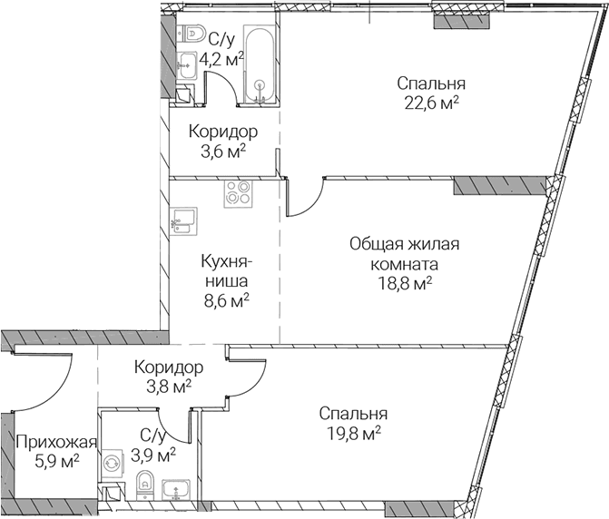 Планировка: Евротрёшка 91,2 м² в ЖК «СЕЗАР СИЛИКА»