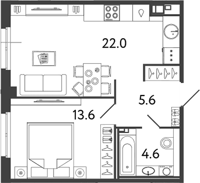 Планировка: Евродвушка 45,8 м² в ЖК «Репин»