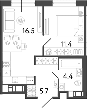 Планировка: Евродвушка 38 м² в ЖК «Передвижники 2»