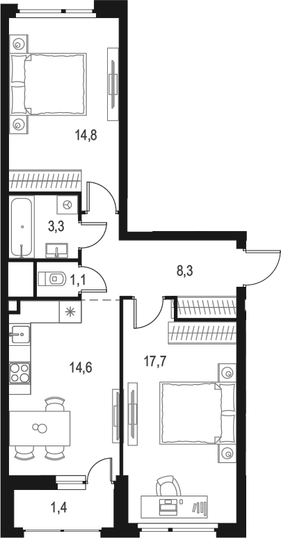 Планировка: 2-комнатная квартира 59,8 м² в ЖК «Левел Лесной»