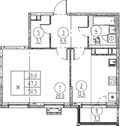Планировка: 1-комнатная квартира 47,6 м² в ЖК «Крылов»