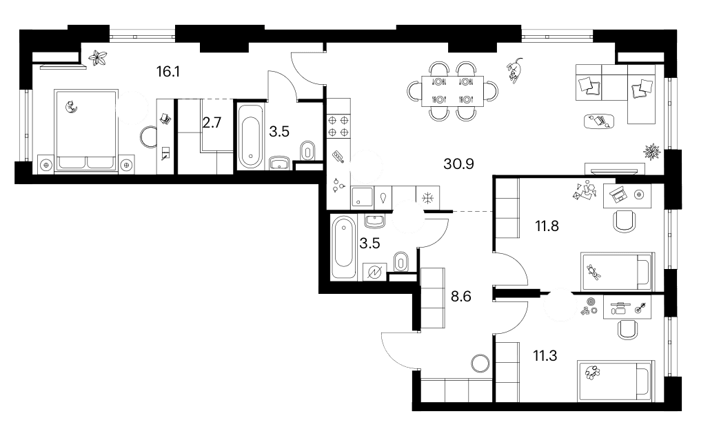 Планировка: 3-комнатная квартира 88,4 м² в ЖК «Зеленый парк»
