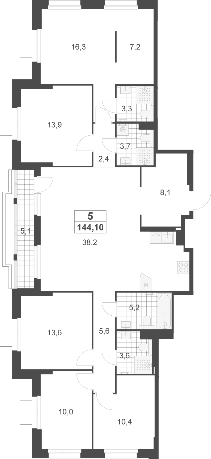 Планировка: 5-комнатная квартира 141,5 м² в ЖК «Деснаречье»