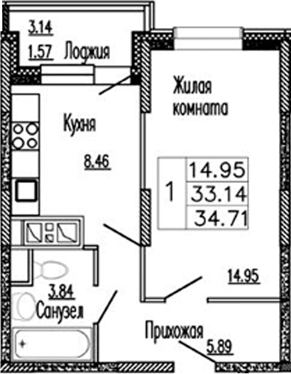 Планировка: 1-комнатная квартира 33,1 м² в ЖК «Клевер»