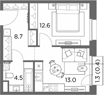 Планировка: 1-комнатная квартира 38,8 м² в ЖК «Станиславский»