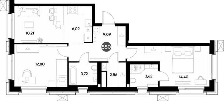 Планировка: Евротрёшка 62,7 м² в ЖК «ЭВО»
