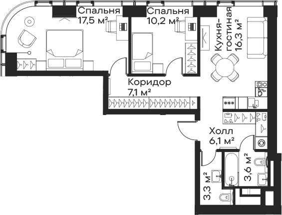 Планировка: Евротрёшка 64,1 м² в ЖК «Сити Бэй»