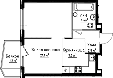 Планировка: Студия 35,5 м² в ЖК «Коллекция»