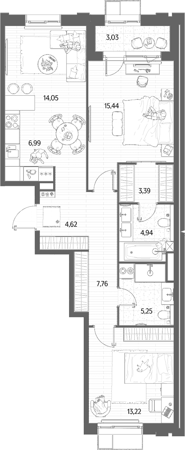 Планировка: Евротрёшка 75,7 м² в ЖК «МЫС»