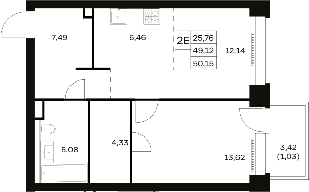 Планировка: Евродвушка 49,1 м² в ЖК «НОВА»