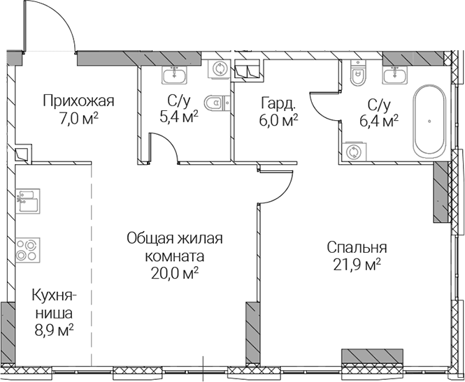 Планировка: Евродвушка 75,6 м² в ЖК «СЕЗАР СИЛИКА»
