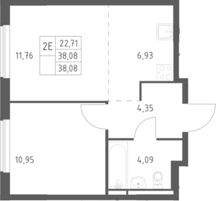 Планировка: Евродвушка 38,1 м² в ЖК «Мытищи Парк»