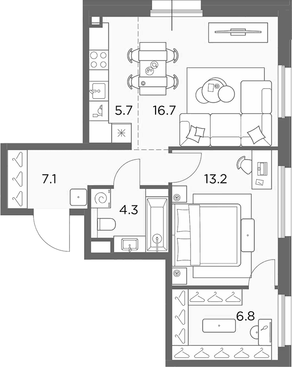 Планировка: Евродвушка 53,8 м² в ЖК «Станиславский»