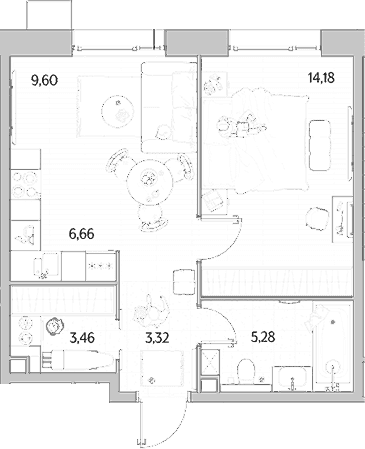 Планировка: Евродвушка 42,5 м² в ЖК «МЫС»
