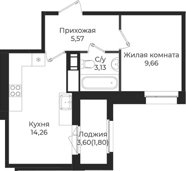Планировка: 1-комнатная квартира 32,6 м² в ЖК «Новатория»