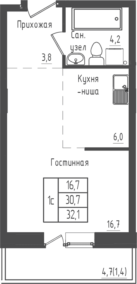 Планировка: Студия 30,7 м² в ЖК «Зеленый город»