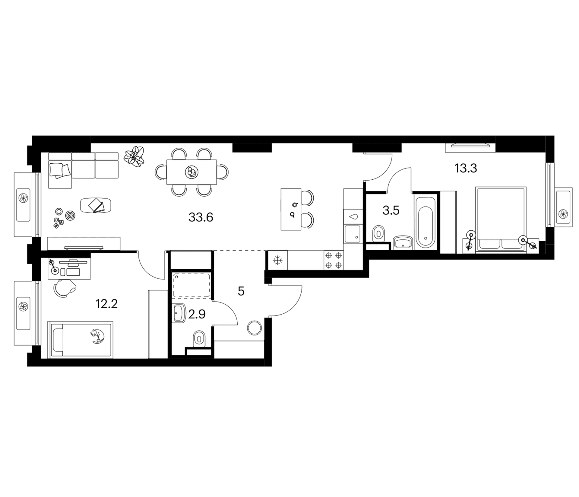 Планировка: 2-комнатная квартира 70,5 м² в ЖК «Белая Дача парк»