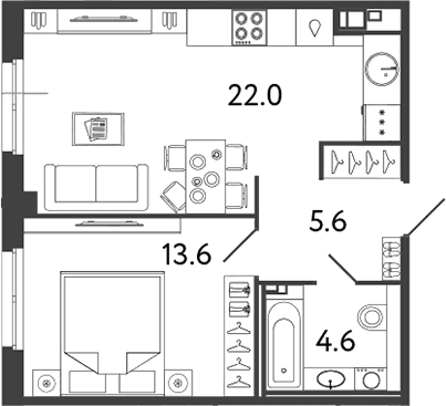 Планировка: Евродвушка 45,8 м² в ЖК «Репин»
