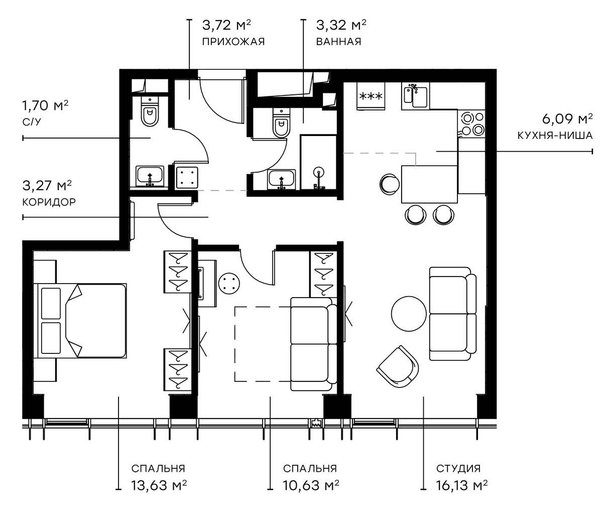 Планировка: Евротрёшка 58,8 м² в ЖК «Симфония 34»