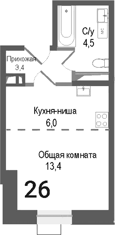 Планировка: Студия 27 м² в ЖК «Киноквартал»