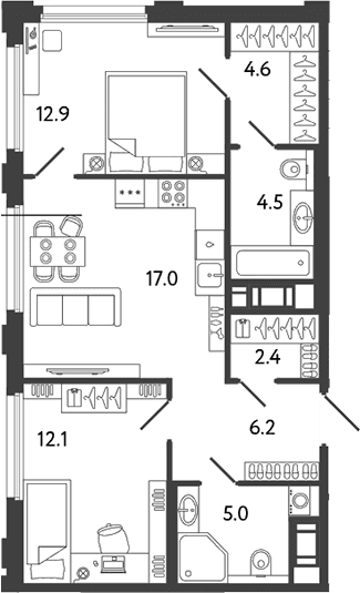 Планировка: Евротрёшка 64,7 м² в ЖК «Гений»