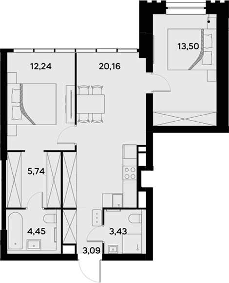 Планировка: Евротрёшка 62,6 м² в ЖК «УЛЬТИМА Сити»