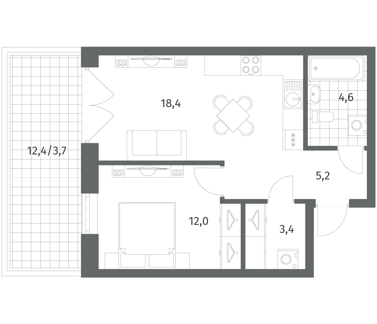 Планировка: Евродвушка 43,8 м² в ЖК «Новый Питер»