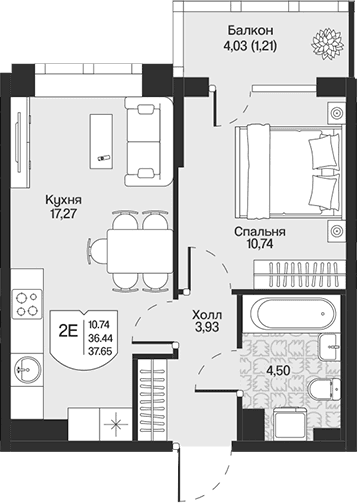 Планировка: Евродвушка 36,4 м² в ЖК «Охтинские высоты»