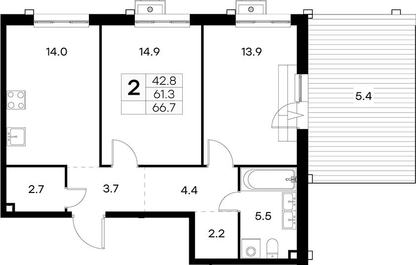Планировка: 2-комнатная квартира 61,3 м² в ЖК «Куркино 15»