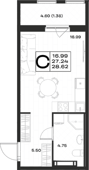 Планировка: Студия 27,2 м² в ЖК «Имена»