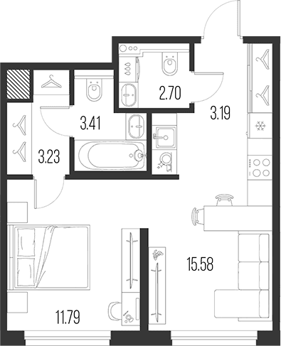 Планировка: Евродвушка 39,9 м² в ЖК «Новая земля»