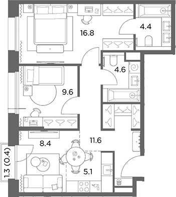Планировка: Евротрёшка 60,5 м² в ЖК «Станиславский»
