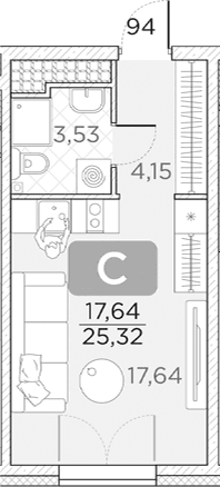 Планировка: Студия 25,3 м² в ЖК «Гильдия»