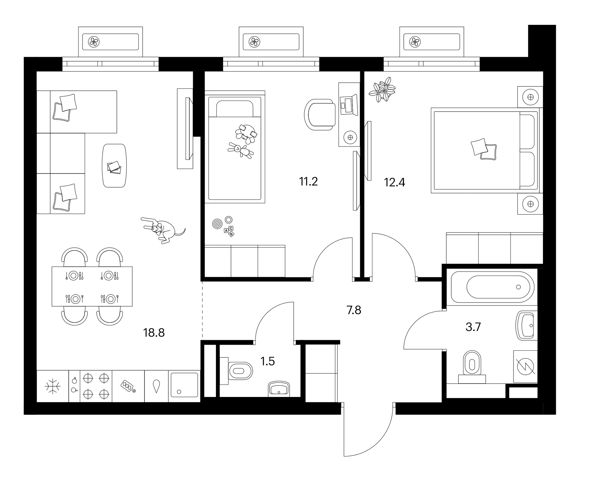 Планировка: 2-комнатная квартира 55,4 м² в ЖК «Белая Дача парк»