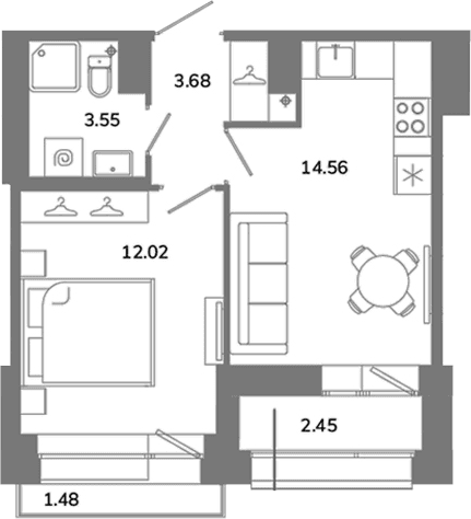 Планировка: 1-комнатная квартира 33,8 м² в ЖК «Твой Космос»