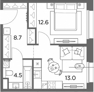 Планировка: 1-комнатная квартира 38,8 м² в ЖК «Станиславский»