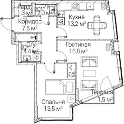 Планировка: 2-комнатная квартира 57,7 м² в ЖК «СЕЗАР БУДУЩЕЕ»