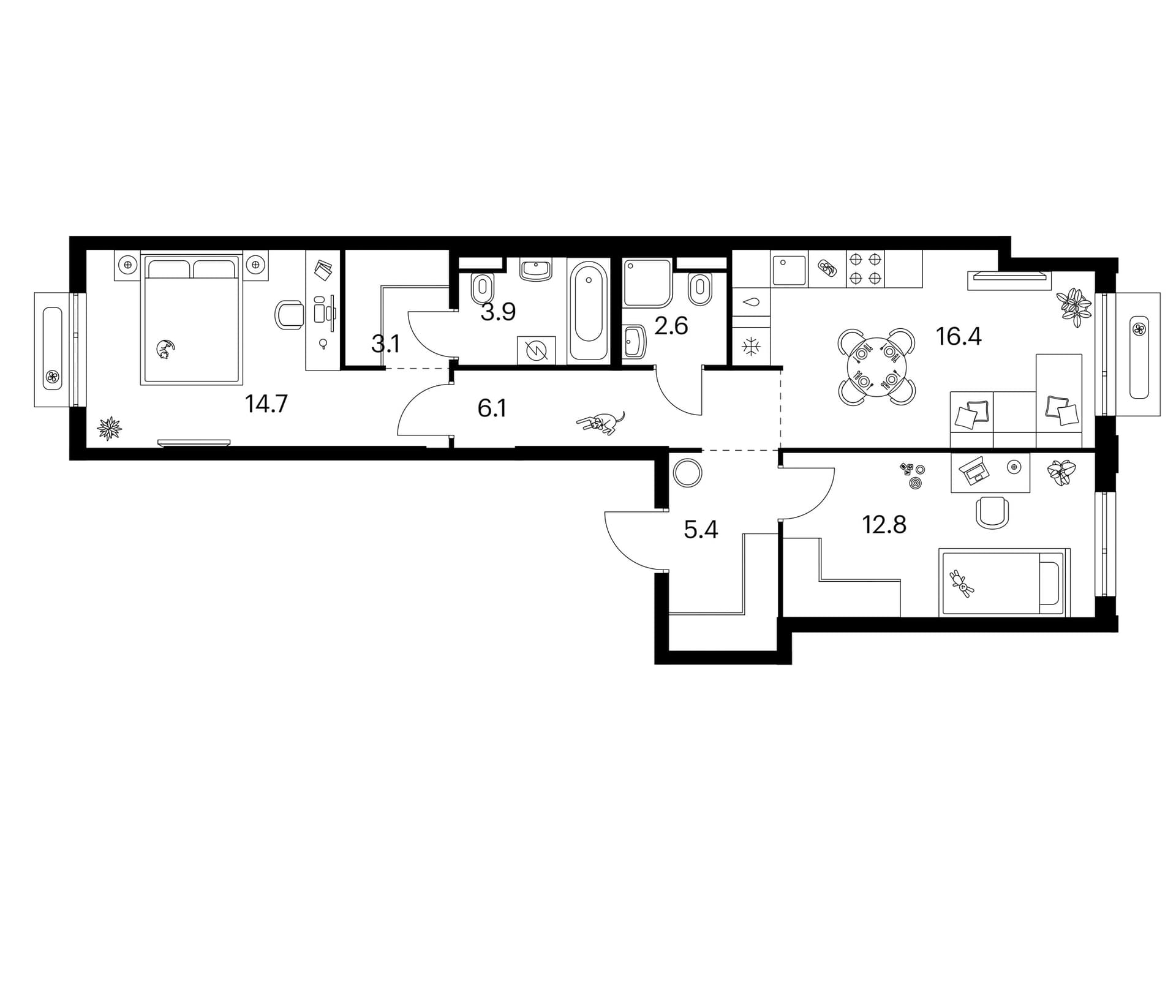 Планировка: 2-комнатная квартира 65 м² в ЖК «Зеленый парк»