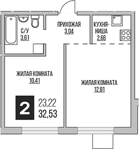 Планировка: Евродвушка 32,5 м² в ЖК «Гранель Аникеевский»