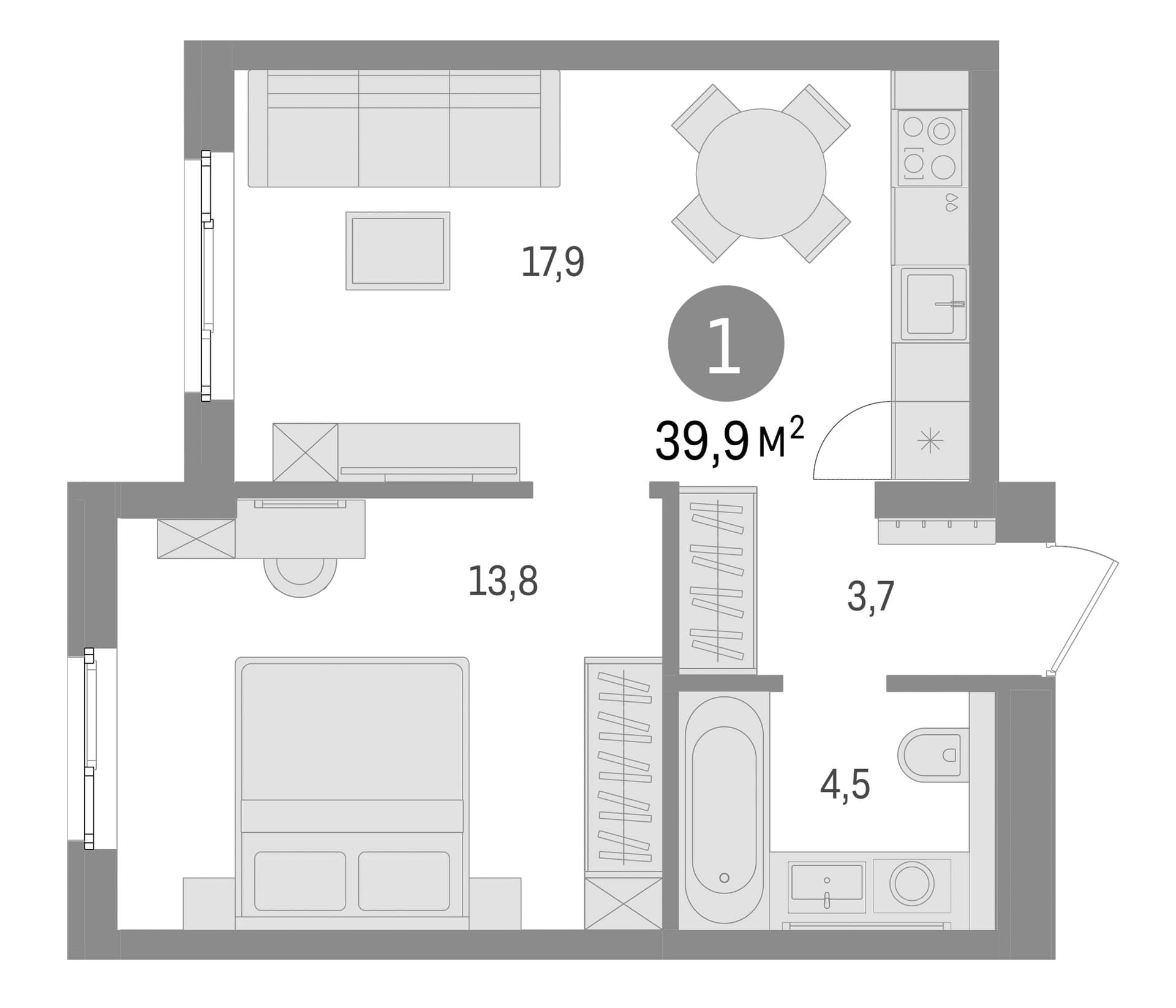 Планировка: Евродвушка 39,9 м² в ЖК «Брусника в Новоселье»