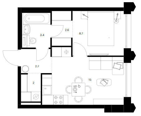 Планировка: 1-комнатная квартира 34,4 м² в ЖК «Бусиновский парк»