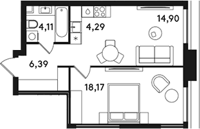 Планировка: Евродвушка 47,9 м² в ЖК «СОЛОС»