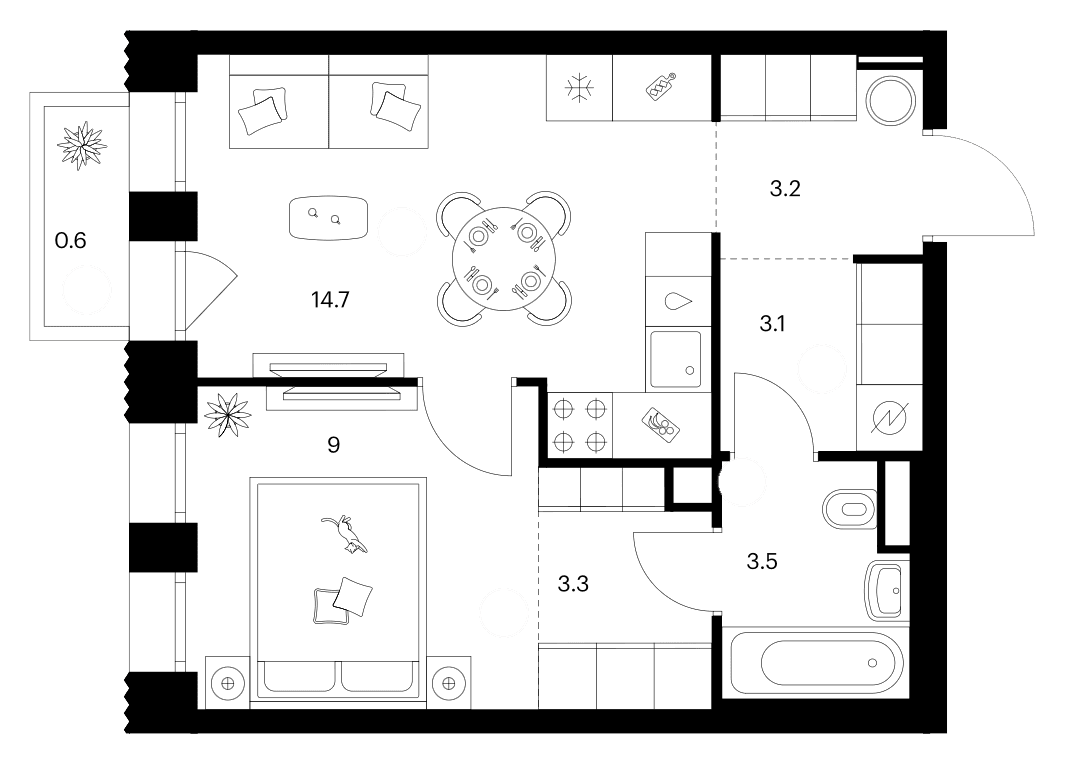 Планировка: 1-комнатная квартира 36,8 м² в ЖК «Строгино 360»