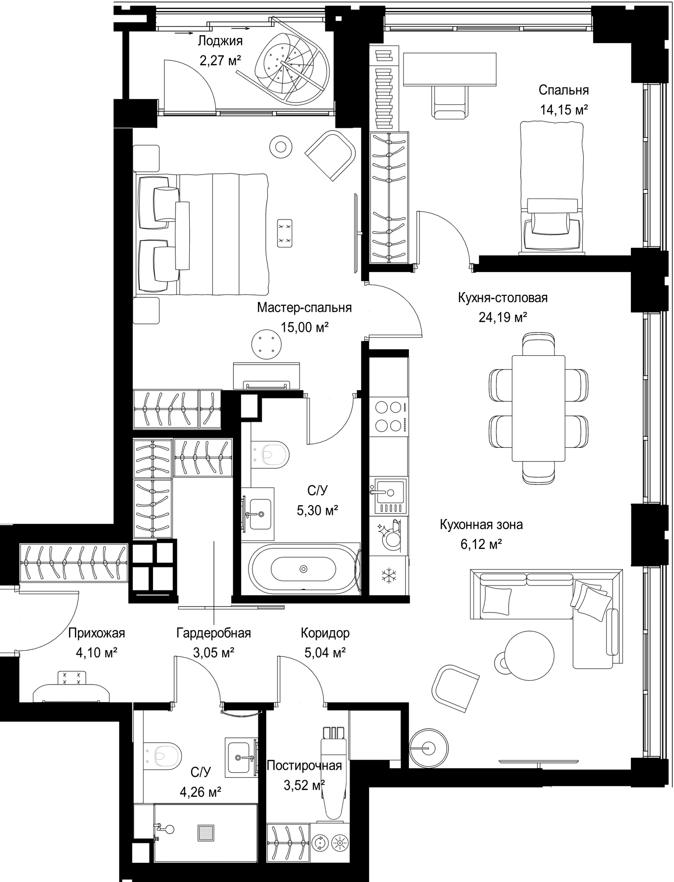 Планировка: 2-комнатная квартира 84,7 м² в ЖК «МЫС»
