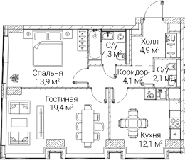 Планировка: 2-комнатная квартира 60,8 м² в ЖК «СЕЗАР БУДУЩЕЕ»