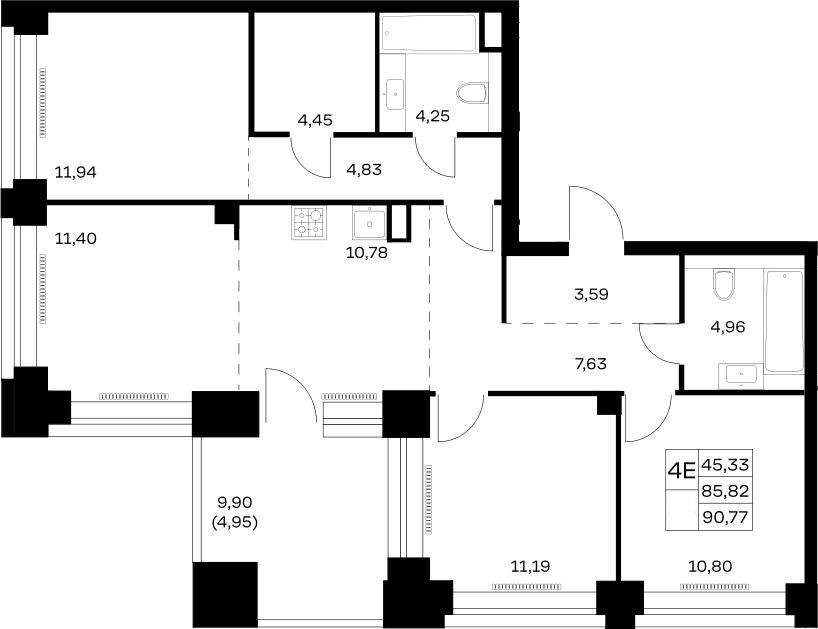 Планировка: Квартира евро-4 85,8 м² в ЖК «НОВА»